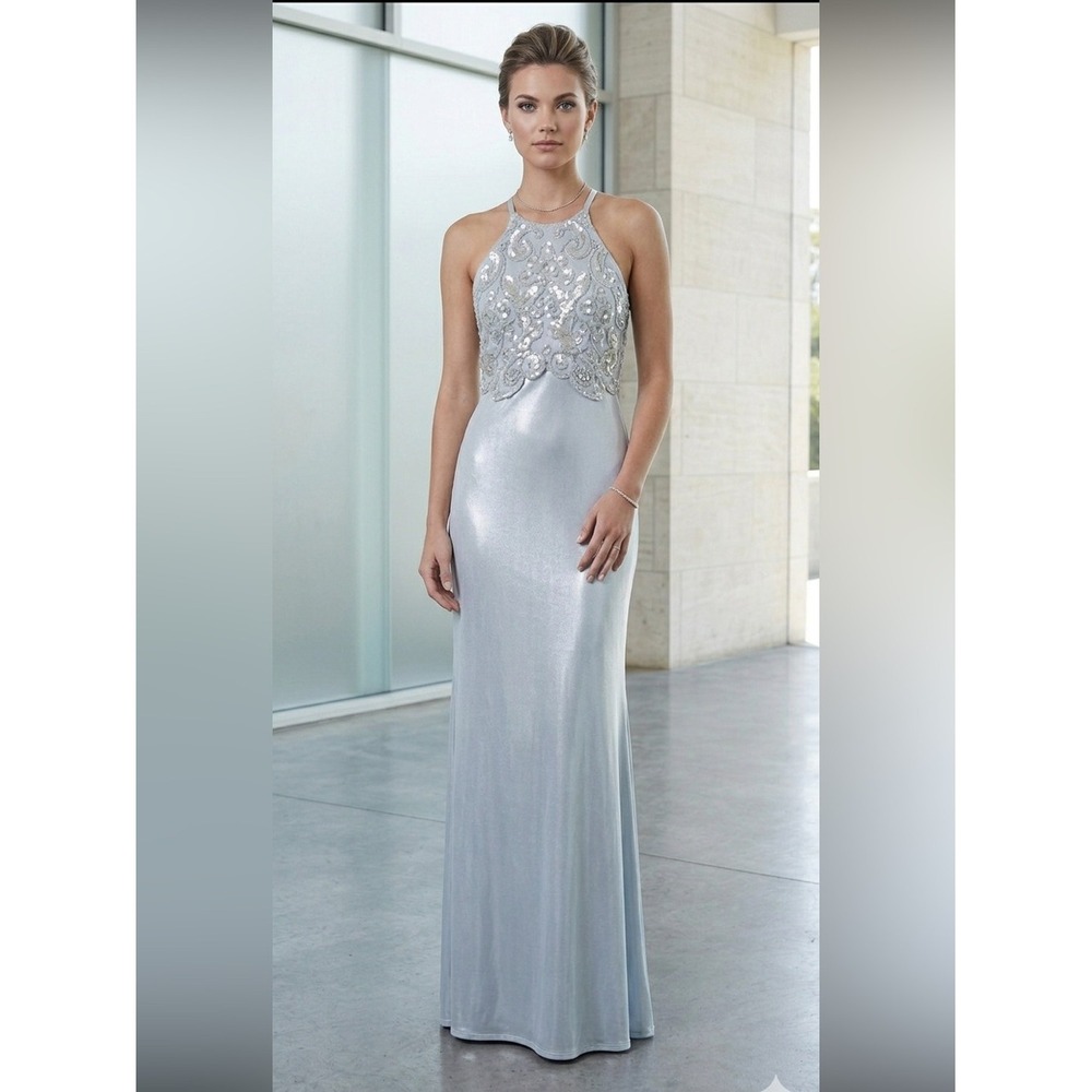 Zum Zum Vintage Ice Blue Metallic Sequin Halter Formal Gown Open Back Dress 3/4‎